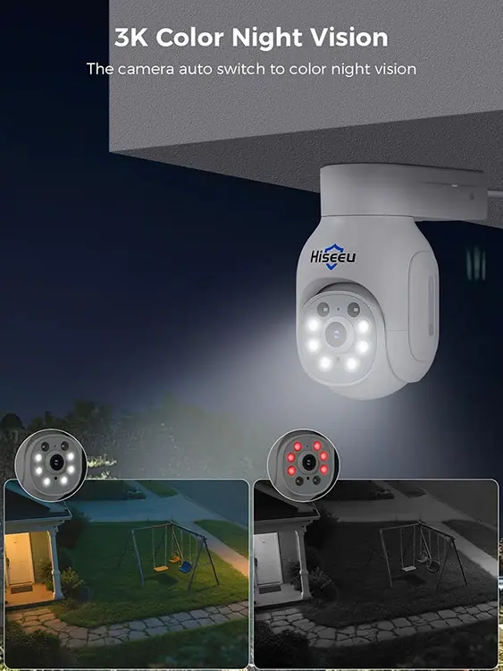 Hiseeu 3K security camera showing comparison between color night vision and standard black and white infrared mode
