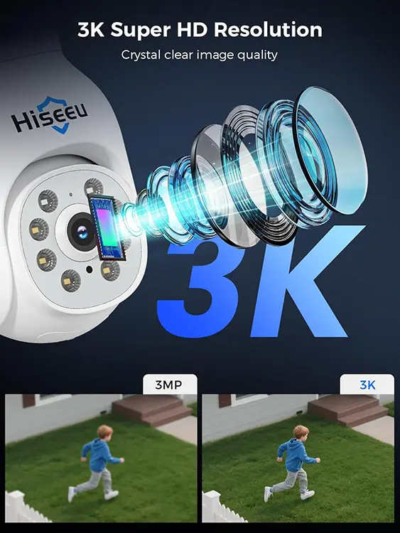 Comparison between 3MP and 3K Super HD resolution on Hiseeu security camera showing crystal clear image quality