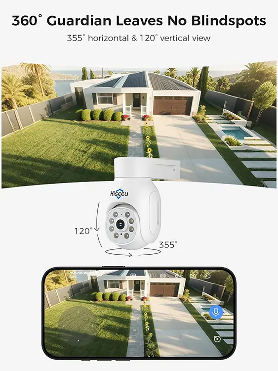 Hiseeu PTZ security camera with 355 degree horizontal and 120 degree vertical rotation for 360 coverage