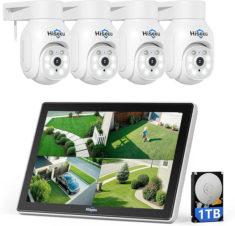 Complete Hiseeu wireless security system including 4 PTZ cameras, 10-inch monitor, and 1TB hard drive.