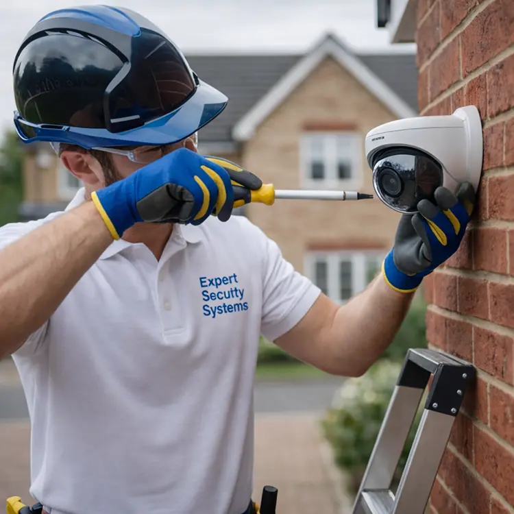 Professional CCTV engineer fitting a dome security camera on a brick wall in South London