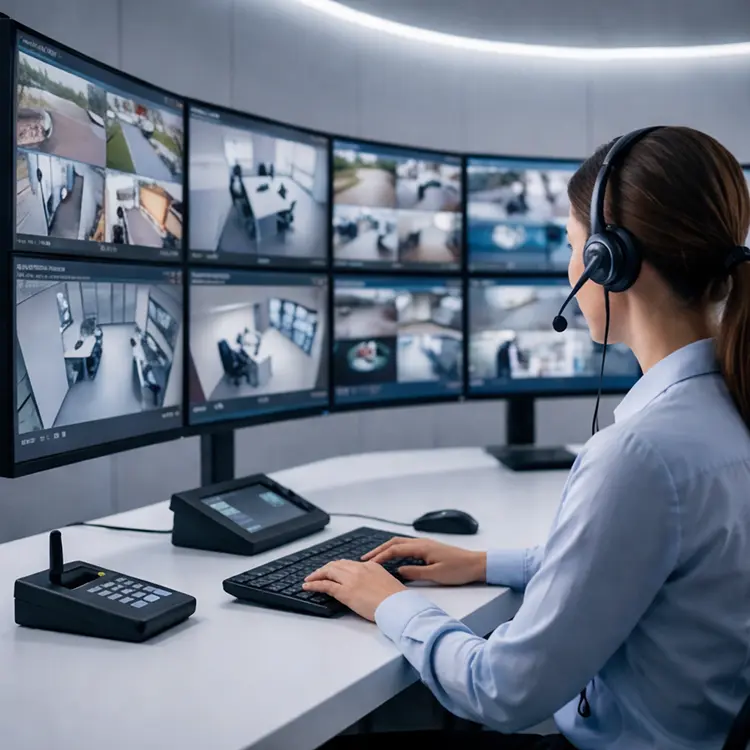 Professional CCTV remote monitoring control room with multiple camera feeds in London