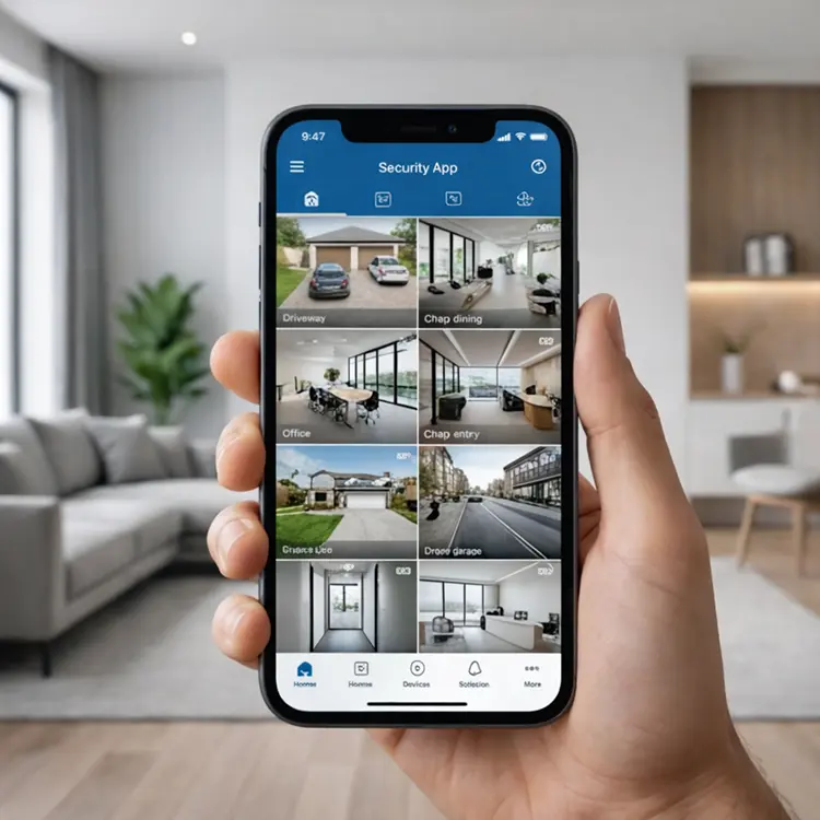 Remote CCTV viewing app on smartphone showing live camera feeds in London home