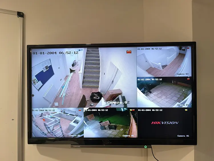 Hikvision CCTV system on monitor showing 6 cameras at a commercial property in Wallington SM6, London Borough of Sutton