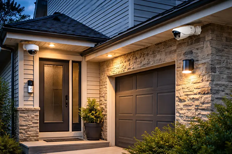 Home CCTV cameras installed at front door and driveway of residential property in South London