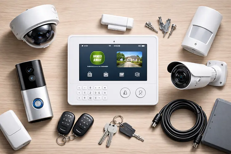Home security system components including CCTV cameras, control panel and sensors in London