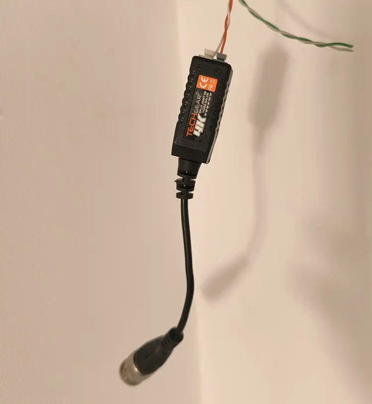 TechGear 4K HD video balun and BNC connector during CCTV camera wiring installation at residential property in Tooting SW17